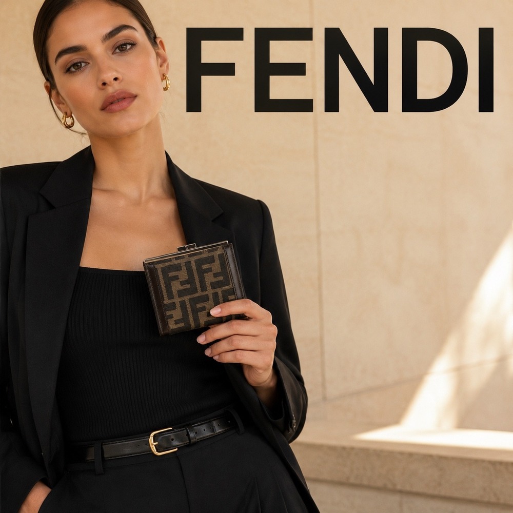 Fendi Zucca Canvas Bifold Wallet Brown Leather Kiss Lock Coin Purse FF Monogram